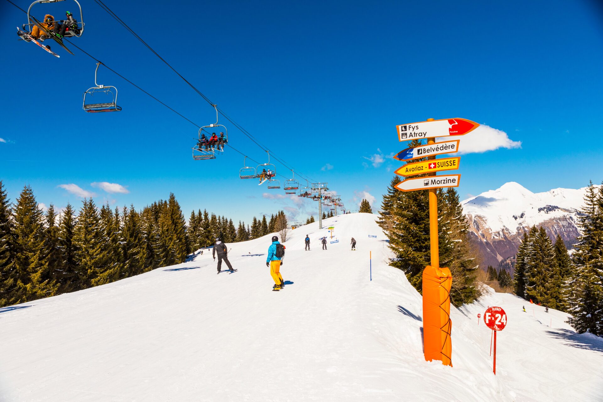 Skiers on the mountain in Morzine, on a blue sky day. There are signs of different runs to the right of the image.