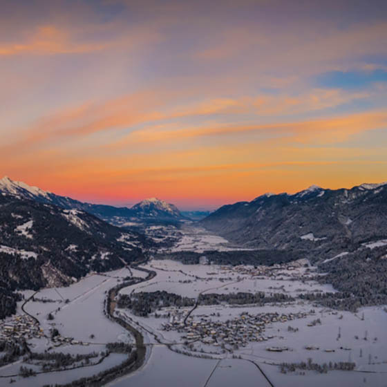 Aerial view of the sunset over Nassfeld, Austria
