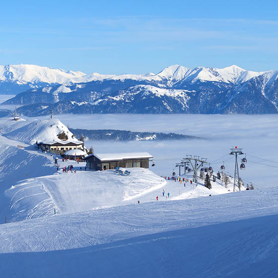 Panoramic view of the top of Nassfeld ski resort in Austria