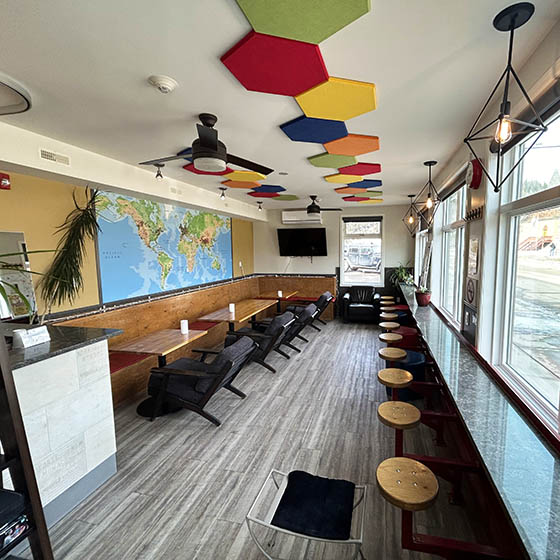 The dining area at Jasper Downtown Hostel in Canada