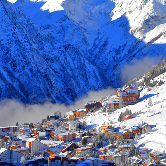 Les Deux Alpes surrounded by mountains, France