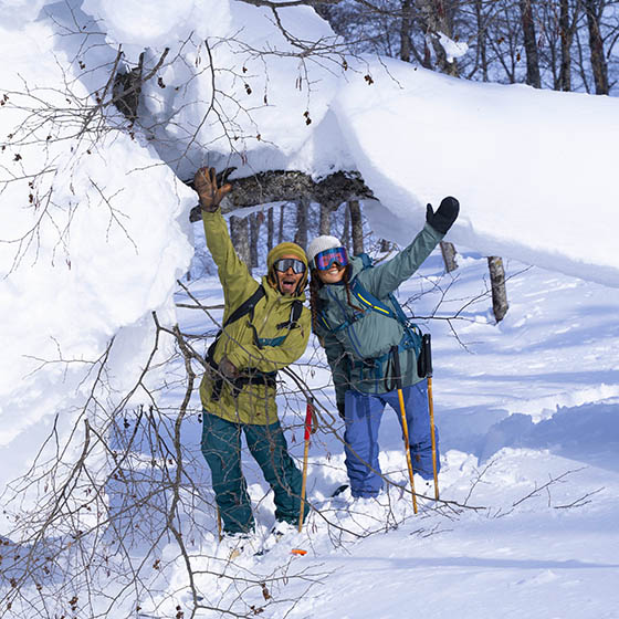 Happy skiers in Hakuba Valley, Japan