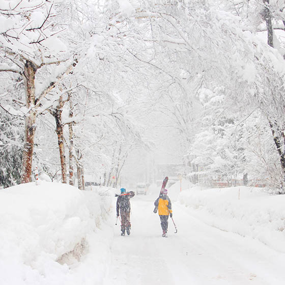 Skiers walking in the snow in Hakuba, Japan