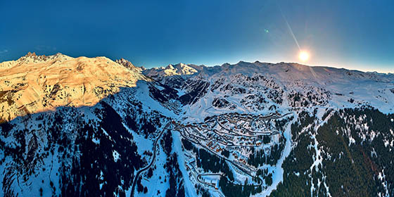 Panoramic view of the Three Valleys in the French Alps: Courchevel, Val Thorens and Meribel