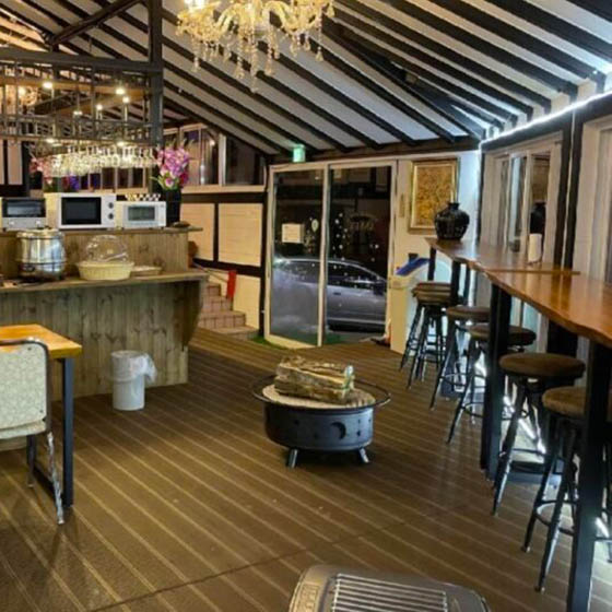 The entrance to the bar and dining area at the Hakuba Sun Valley Hotel in Goryu, Japan