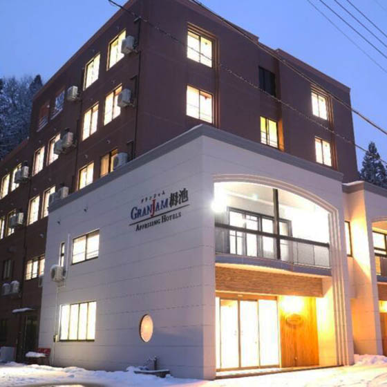 Snow outside the Hotel Granjam in Hakuba Valley, Japan