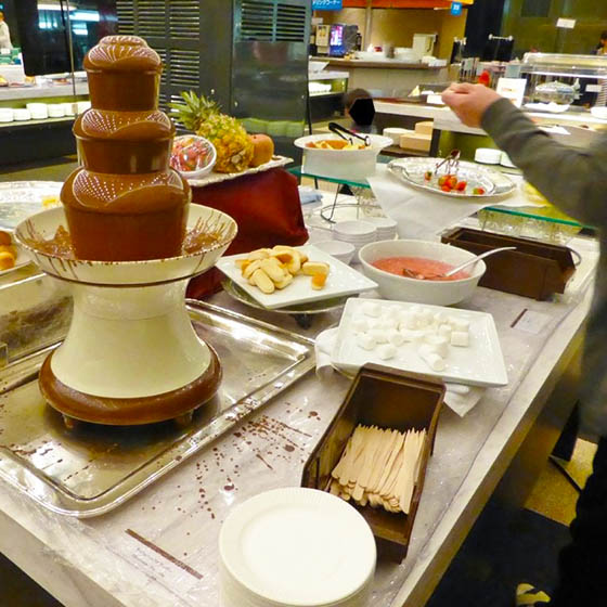 Delights including a chocolate fountain at the Prince Hotel in Yakebitaiyama, Japan