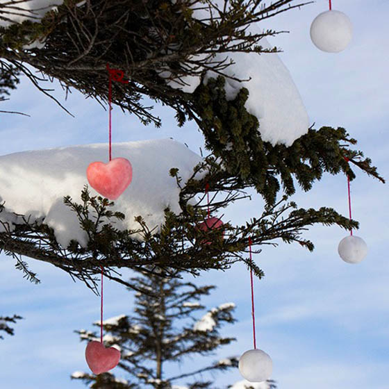 Tree covered in snow and cute decoration