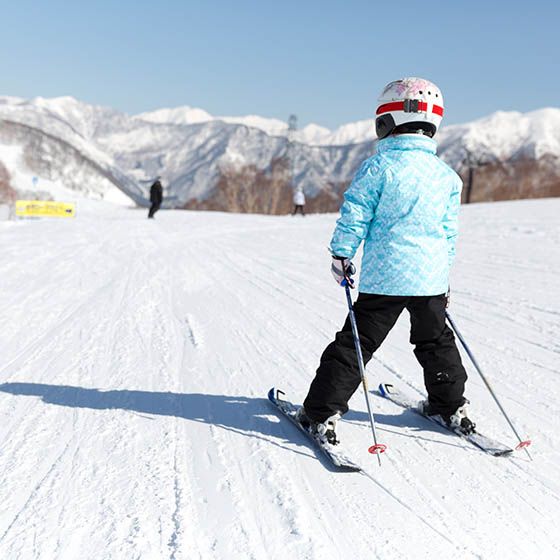 Young skier in the snowy slopes in Japan
