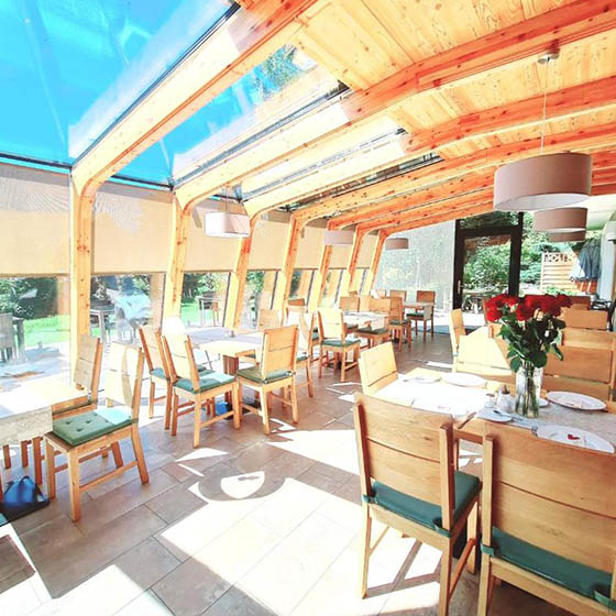 The dining area at the Alpenlandhof hotel in Bad Kleinkirchheim, Austria