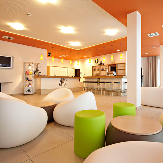 The colourful lounge at the Buchegg Resort in Saalbach