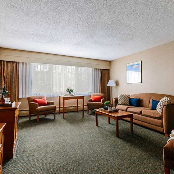 Living room at the Lobstick Lodge in Jasper, Canada