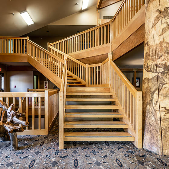 Wooden stairs at the Snow Cap Inn in Sunday River, East Coast USA