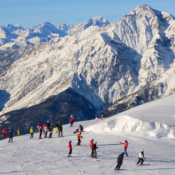 Skiers on the pistes in Sestriere