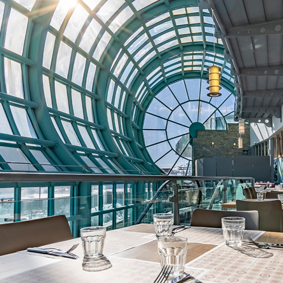 Glass ceiling in the dining area at the Olympic Village hotel in Sestriere, Italy