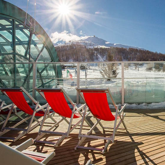 The sun terrace outside the restaurant at the Olympic Village, Sestriere
