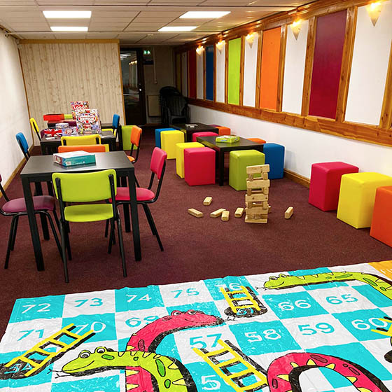 Colourful playroom at the Brunerie hotel
