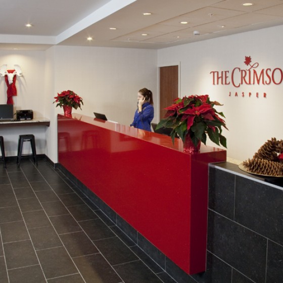 Reception area at the Crimson in Jasper, Canada