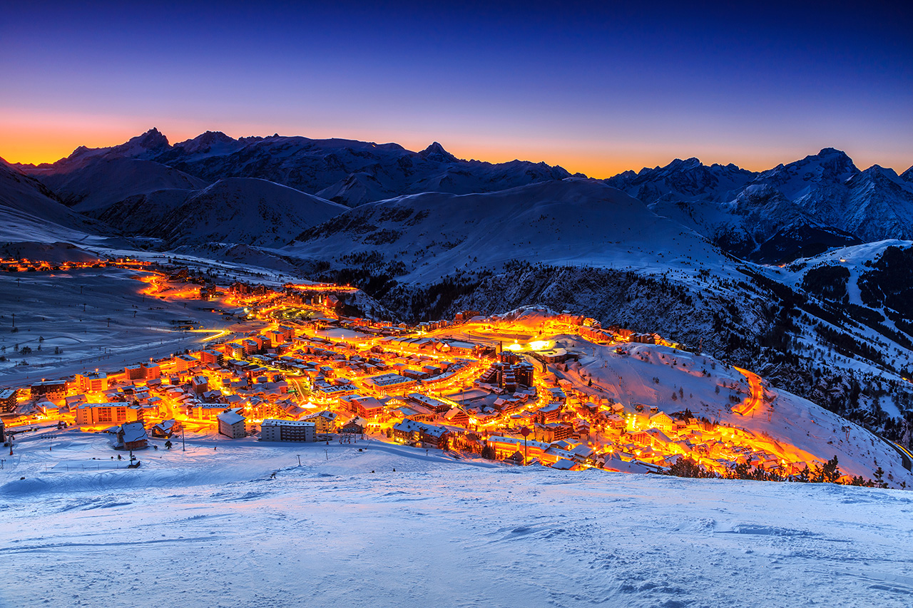 Alpe d'Huez lit up at night