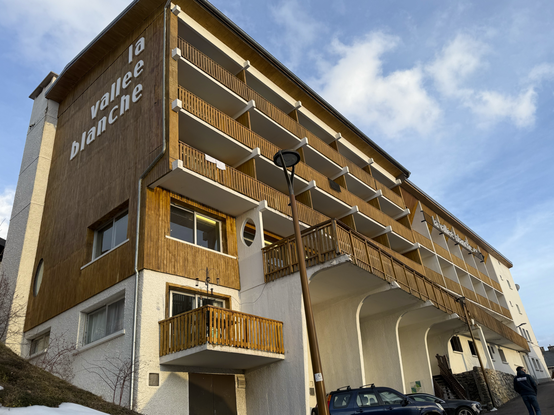 Outside the Vallée Blanche clubhotel in Alpe d'Huez