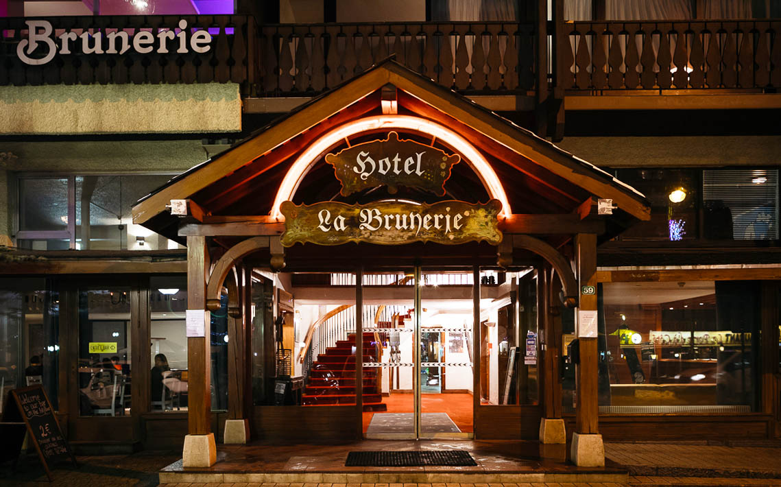 Hotel La Brunerie at night in Les Deux Alpes, France