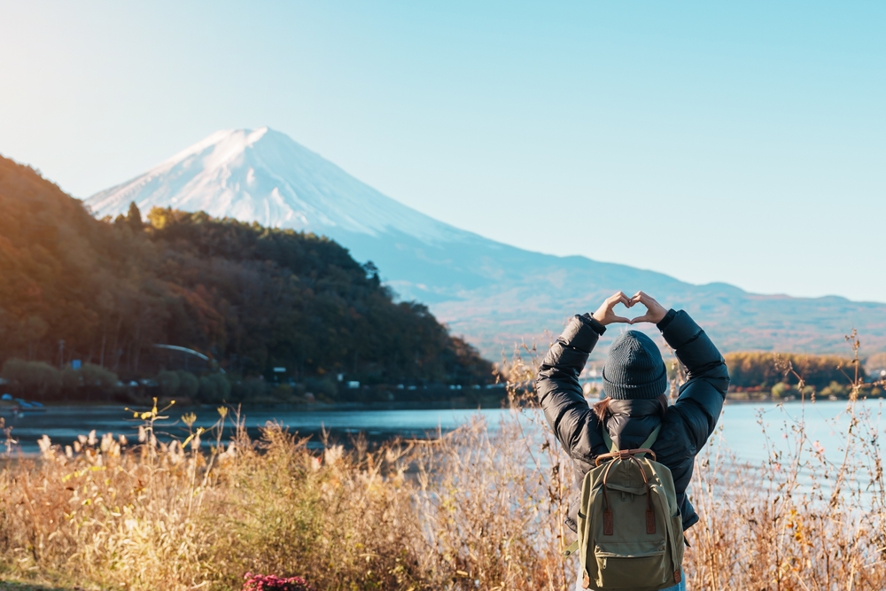 Student with backpack looking at Mount Fuji