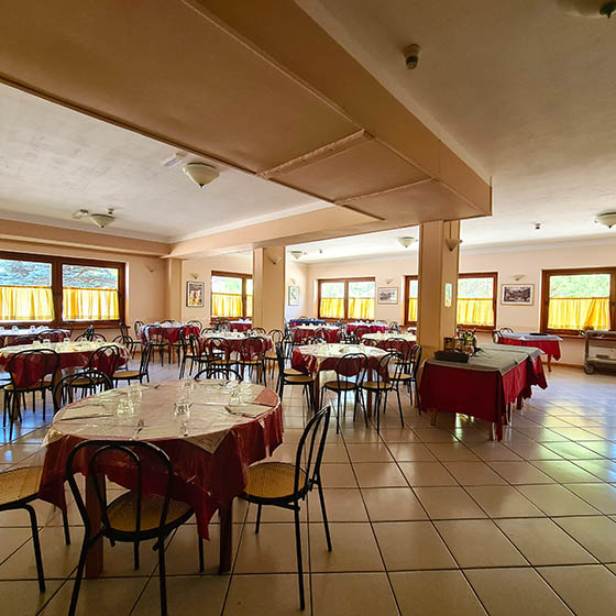 The dining room at the Hotel Fraiteve in Cesana, Italy