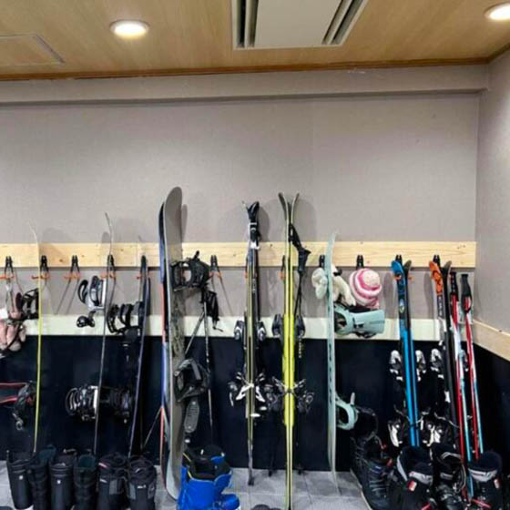 Ski storage room at Hakuba Sun Valley Hotel in Goryu, Japan