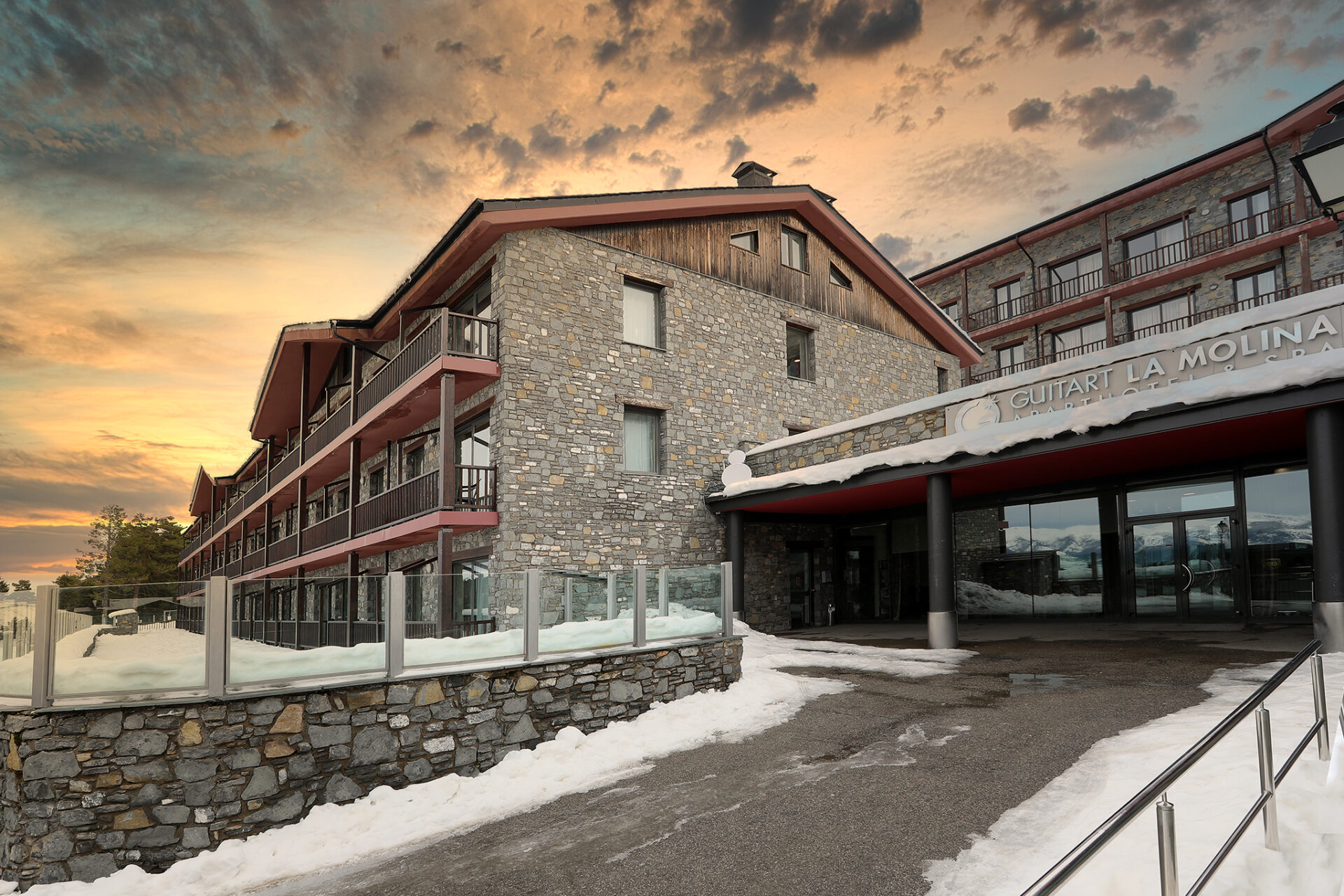 Sunset outside Guitart Aparthotel in La Molina, Spain