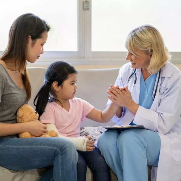 Girl with her mother talking to a doctor in a hopsital